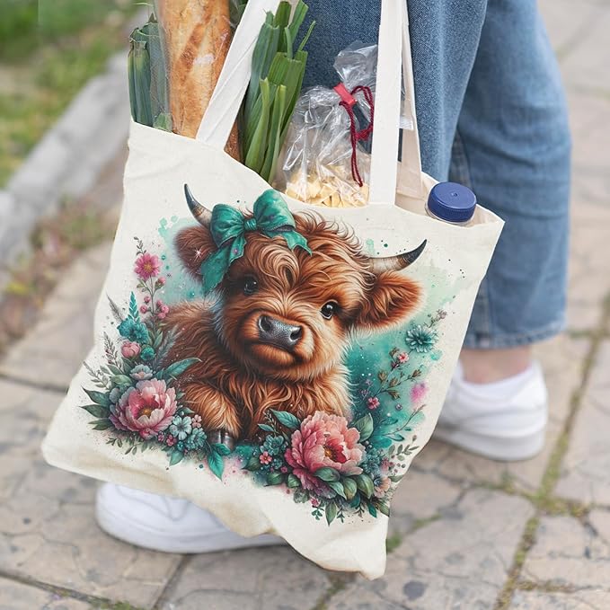 Western Highland Cow Canvas Tote Bag - Highland Cow Lover Gifts,Canvas Shoulder Bag for Women for Girls
