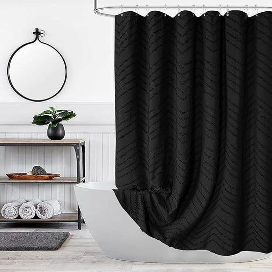 Extra Long Black Boho Shower Curtain 96 Inch Black Tufted Chevron Striped Fabric Shower Curtains for Bathroom Modern Shabby Chic Waterproof Cloth Shower Curtain Set with Hooks