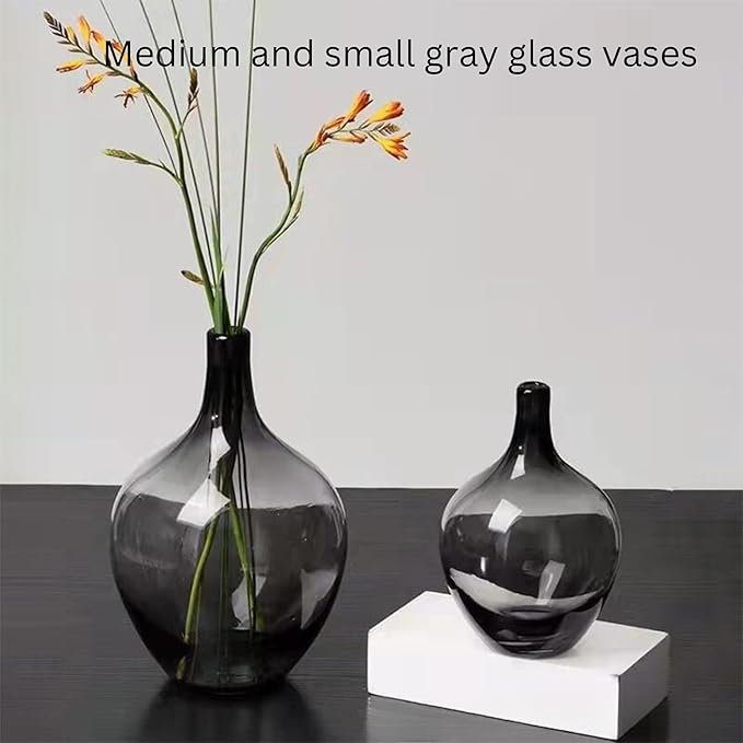 Gray Black Glass Vase, Decorative Vase, Jarrones Decorativos Para Sala, Big Glass Jar Balloon Demijohn Shaped, Tall Large, Colored Glass Vase For Plants Branches, Modern Living Room Décor, Size Medium