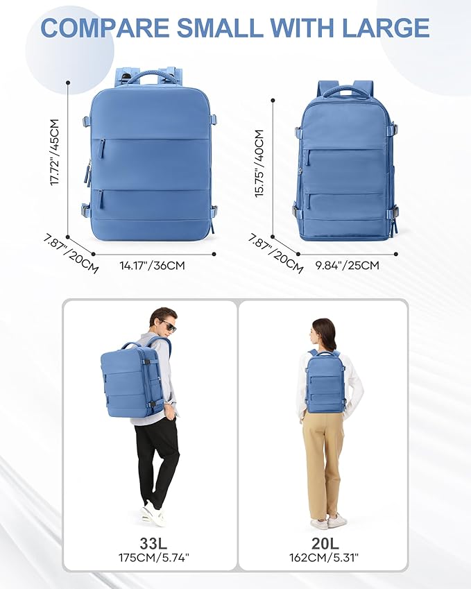 coowoz Travel Backpack for Women Man Carry On Backpack Mochila de Viaje Waterproof Teacher Personal Item Backpack Travel Bag Essentials Rucksack Airplane Accessories Must Haves Sky Blue Small