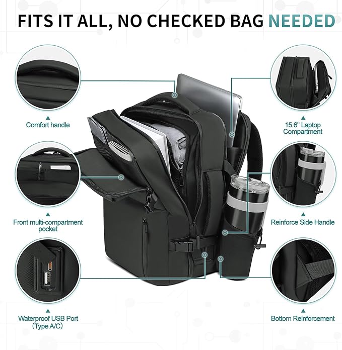 Business Travel Carry on Backpack, Lay Flat Luggage Style Bag with USB C & A, 16-inch Suitcase Capacity, Airline Approved, Black