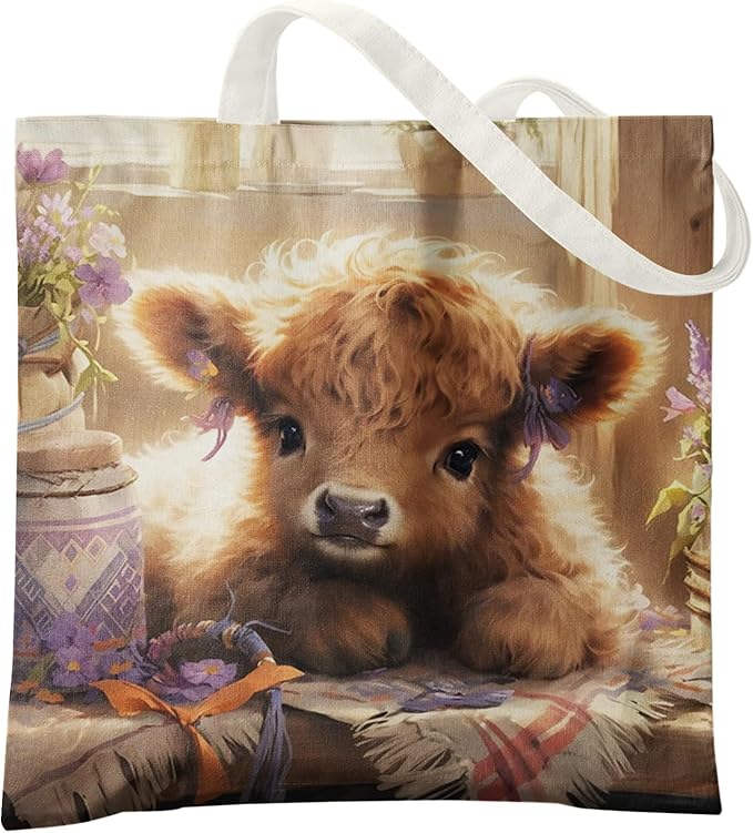 Western Highland Cow Canvas Tote Bag - Highland Cow Lover Gifts,Canvas Shoulder Bag for Women for Girls