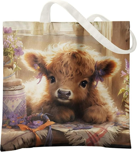 Western Highland Cow Canvas Tote Bag - Highland Cow Lover Gifts,Canvas Shoulder Bag for Women for Girls