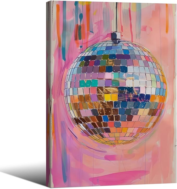 Retro Pink Disco Ball Posters Cool Y2k Aesthetic Canvas Wall Art 16x24 inch Framed Fashion Pink and Orange Disco Ball Painting Prints for Girly Wall Decor