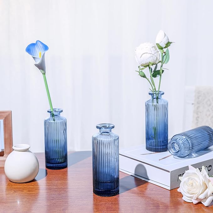 Navy Blue Glass Bud Vases Set of 12, Mini Ribbed Flower Vase for Centerpieces, Small Glass Vases in Bulk for Wedding Decorations, Vintage Vase for Table, Recepetion, Graduation, Home Décor