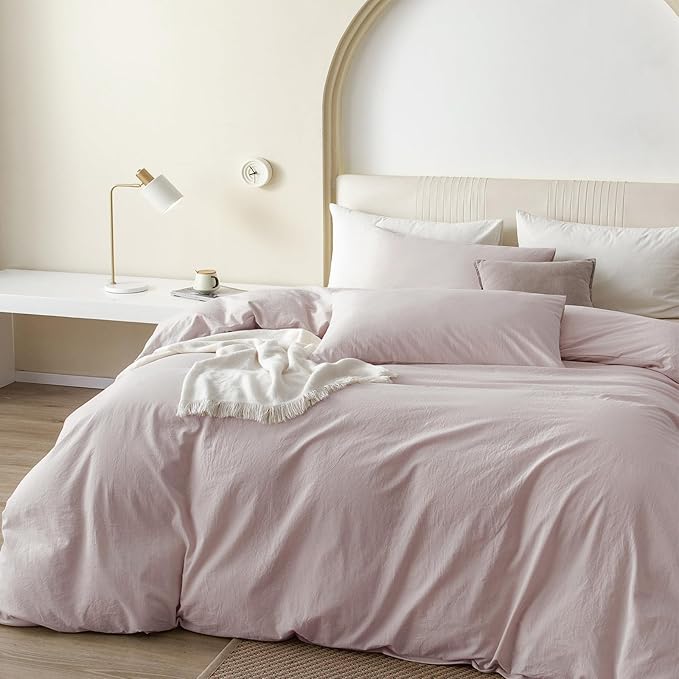 JIYUAN 100% Washed Cotton Duvet Cover Set 3 Pieces Queen, 1 Duvet Cover 90x90 Inches (Comforter Not Included) and 2 Pillowcases,Linen Feel Bedding Set Comfy and Breathable, Heathered Greyish Pink