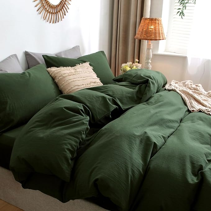 MooMee Bedding Duvet Cover Set 100% Washed Cotton Linen Like Textured Breathable Durable Soft Comfy (Solid Forest Green, Oversized King Plus 128"x120")