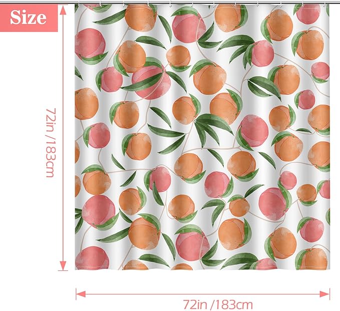 Aimego Peach Fruit Shower Curtain - Pink Orange Cute Peach Green Leaves Plant Modern Nature Fabric Cloth Bath Shower Curtain Set with 12 Hooks for Bathroom Decor Accessories, 72"x72"