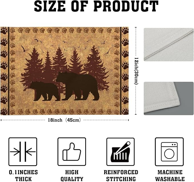 Giwawa 12"x18" Rustic Bear Placemats Set of 4 Vintage Cabin Lodge Wildlife Forest Animal Place Mat Heat Stain Resistant Linen Table Mats for Kitchen Dining Tabletop Farmhouse Picnic Decor