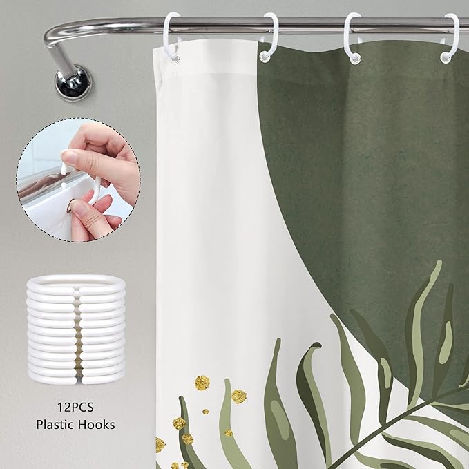 Pink Green Boho Shower Curtain 72Wx96H Extra Long Modern Bohemian Abstract Sage Green Gold Leaves Mid Century Plant Minimalist Bathroom Decor Arch Bath Curtain Fabric Polyester 12 Pack Hooks