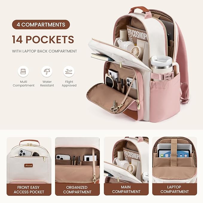 LOVEVOOK Laptop Backpack for Women with Pouch Pocket for Large Capacity Cup,15.6 Inch Teacher Nurse College Work Backpack Purse,Waterproof Laptop Bag Computer Carry on Back Pack for Travel, Light Pink