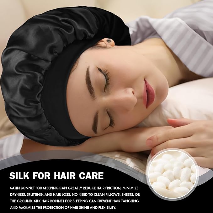 Satin Silk Bonnet for Sleeping, Double Layer Silk Sleep Cap for Men & Women, Soft Satin Lined Bonnet for Natural & Curly Hair(Black)
