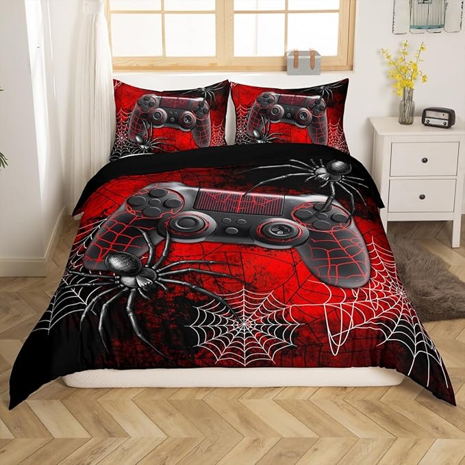 Boys Gamer Gamepad Duvet Cover Set Queen Size Kids Teen Man Gaming Theme Bedding Sets 3 Pcs for Room Decor, Fashion Spider Halloween Comforter Cover with 2 Pillowcases (No Comforter) Black Red