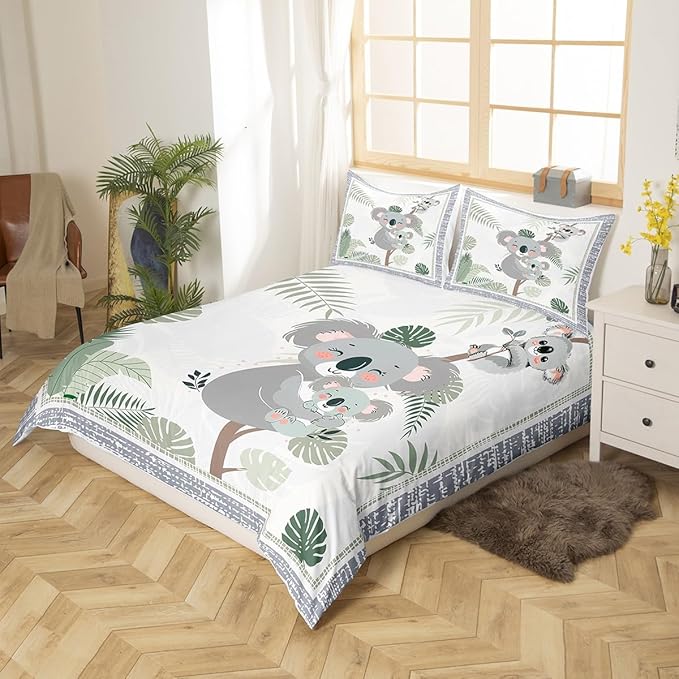 Castle Fairy Cute Koala Kids Duvet Cover Set Full SizeKawaii Koala Baby Western Wild Animal Comforter Cover with 2 PillowcasesGreen Leaves Plant Grey Plaid Cartoon Breathable Bedspread for Boys Teens