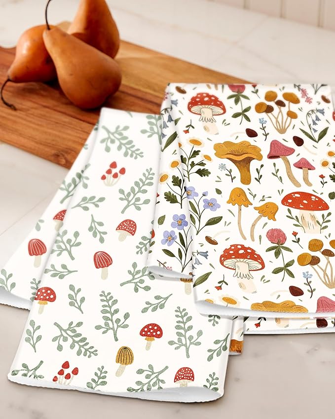 Microfiber Kitchen Towels - Set of 2 Dish Towels for Kitchen 18 x 26 Inch Home Decoration Mushroom Leaf Cute Spring Hand Towels Soft & Absorbent Aesthetic Design