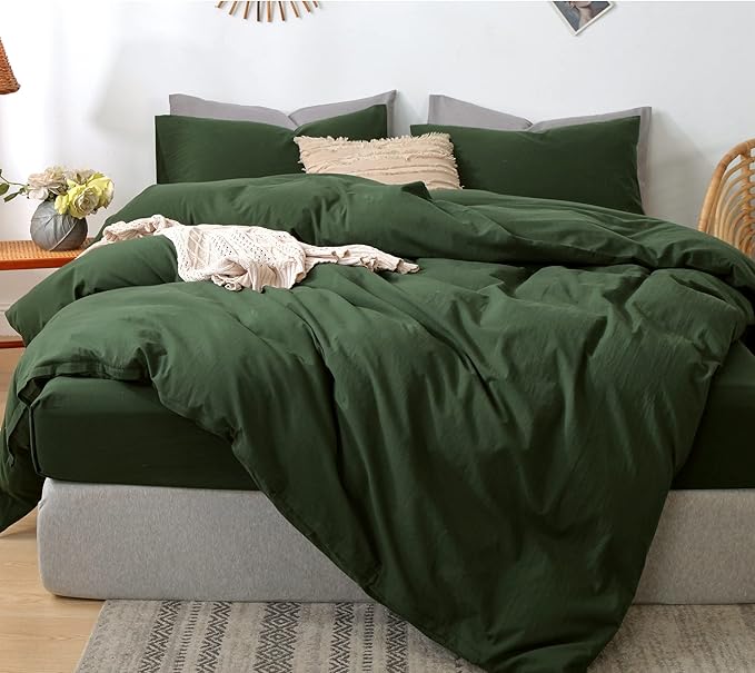 MooMee Bedding Duvet Cover Set 100% Washed Cotton Linen Like Textured Breathable Durable Soft Comfy (Solid Forest Green, King 104"x90")