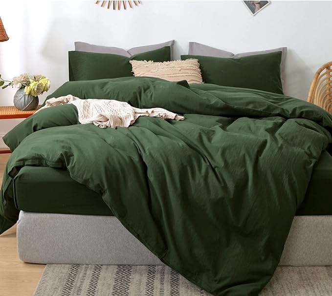MooMee Bedding Duvet Cover Set 100% Washed Cotton Linen Like Textured Breathable Durable Soft Comfy (Solid Forest Green, Palatial King/Oversized King 120"x98")