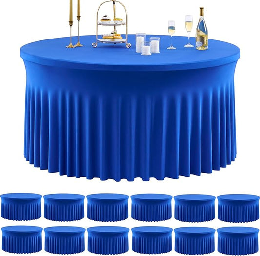 Outpain 12 Pack Spandex Royal Blue Round Tablecloths for 60in Tables, 120Inch Stretchy Fitted 5FT Round Table Clothes,Wrinkle Free Table Cover with Skirt for Wedding Party Dining Banquet