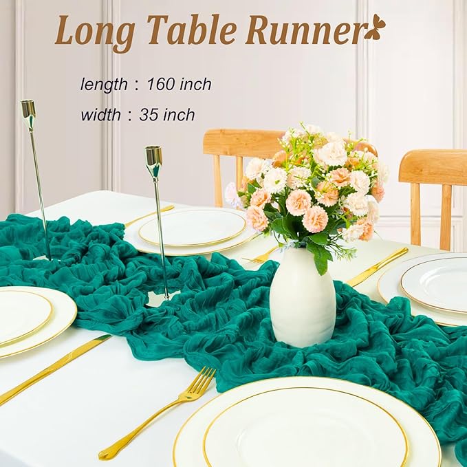 Cheesecloth Table Runner 13.3FT Long Boho Table Runner Rustic Gauze Wedding Dining Table Decorations for Wedding,Bridal Shower,Baby Shower,Bithday Party Table Decorations (Teal,35x160 Inch)