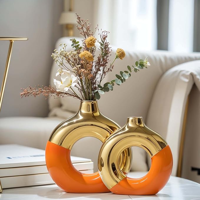 Orange and Gold Ceramic Vase Set of 2,Round Donut Hollow Flower Vases for Home Decor Accents,Modern Minimalist Centerpiece Table Decorations,Wedding,Living Room,Bookshelf,Office,Entryway