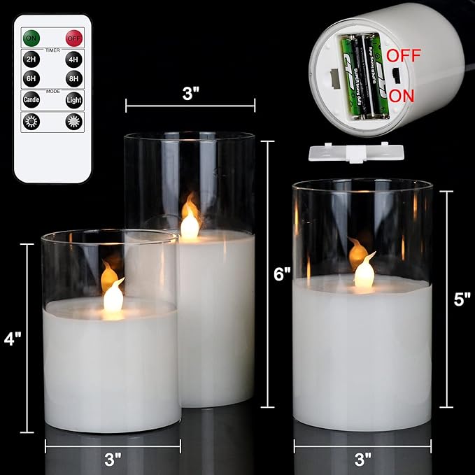GenSwin Clear Glass Battery Operated Flameless Led Candles with 10-Key Remote and Timer, Real Wax Candles Warm White Flickering Light for Home Decoration(Set of 3)