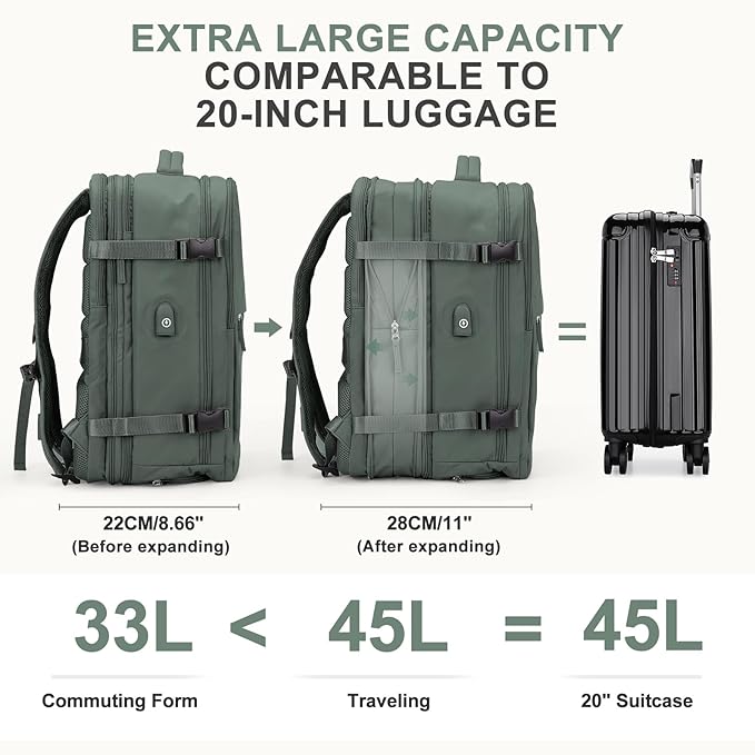 coowoz Large Travel Backpack For Women Men, Carry On Backpack,Hiking Backpack Waterproof Outdoor Sports Rucksack Casual Daypack Expandable Heavy Duty Extra large Backpack Olive Green