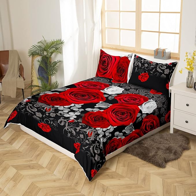 3D Rose Duvet Cover Queen for Boys Girls Kids Red and White Floral Bedding Set Romantic Flowers Comforter Cover Child Valentine's Day Present Decor Bedspread Quilt Cover for Kids Dorm Room,Soft,Zipper