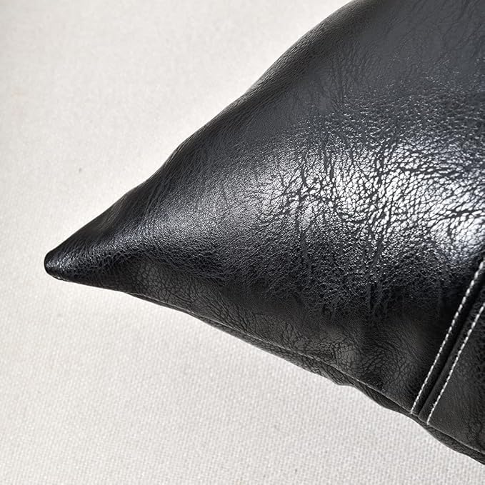 Fancy Homi 2 Packs Black Long Lumbar Faux Leather Decorative Throw Pillow Covers 16x24 Inch for Living Room Couch Bed Sofa, Boho Farmhouse Home Decor, Hand Stitched Rectangle Cushion Case 40x60 cm