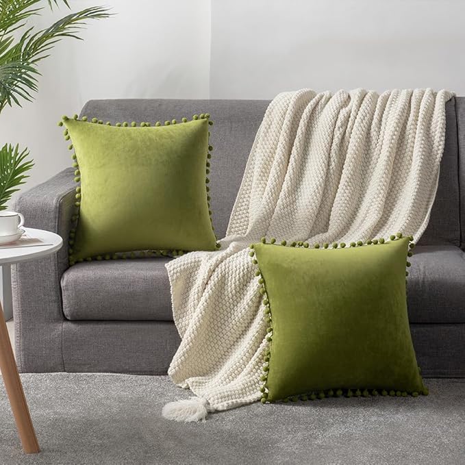 DEZENE Couch Pillow Cases 16x16 Chartreuse: 2 Pack Cozy Soft Pom-poms Velvet Square Throw Pillow Covers for Farmhouse Home Decor