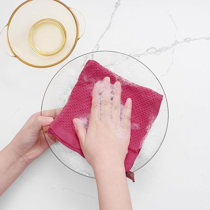 Homaxy 100% Cotton Waffle Weave Kitchen Dish Cloths, Ultra Soft Absorbent Quick Drying Dish Towels, 12 x 12 Inches, 8-Pack, Hot Pink