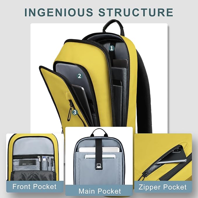 hk Backpack for Men Business Slim Backpack with USB Charger Computer Lightweight Anti-theft Travel Backpacks 15.6 inch Water Resistant Laptop Bag for Work Office College-Lemon Yellow