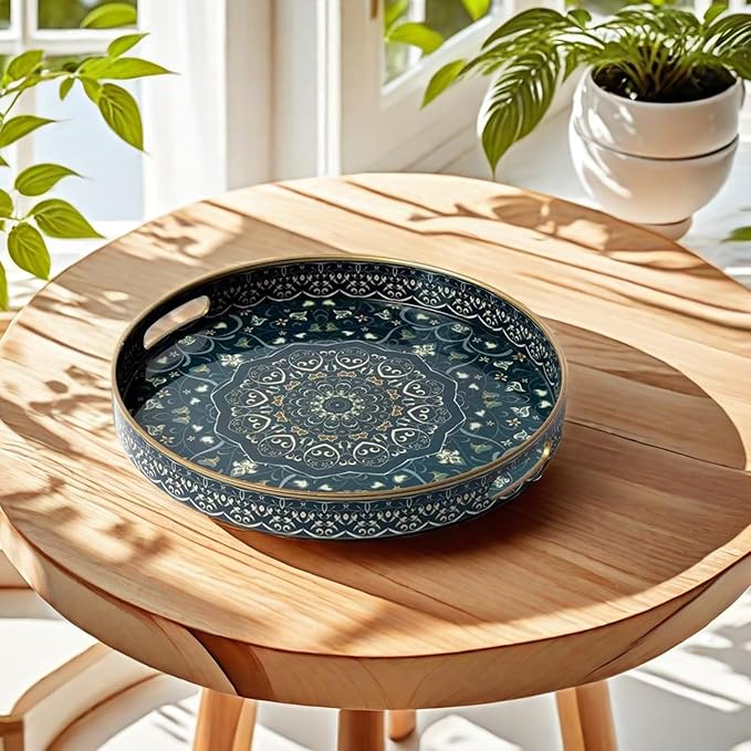 Round Serving Tray with Handles - Large Round Ottoman Tray Coffee Table Tray,Plastic Decorative Trays for Coffee Table,Boho Ottoman Trays for Living Room