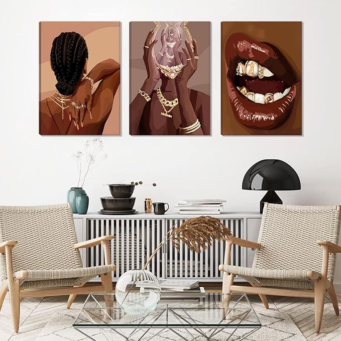 ANVOTIG Framed Black Girl Canvas Wall Art Set of 3 Black Woman African American Women Wall Decor Pictures Boho Fashion Posters Home BedRoom Living Room 12x16 Inch