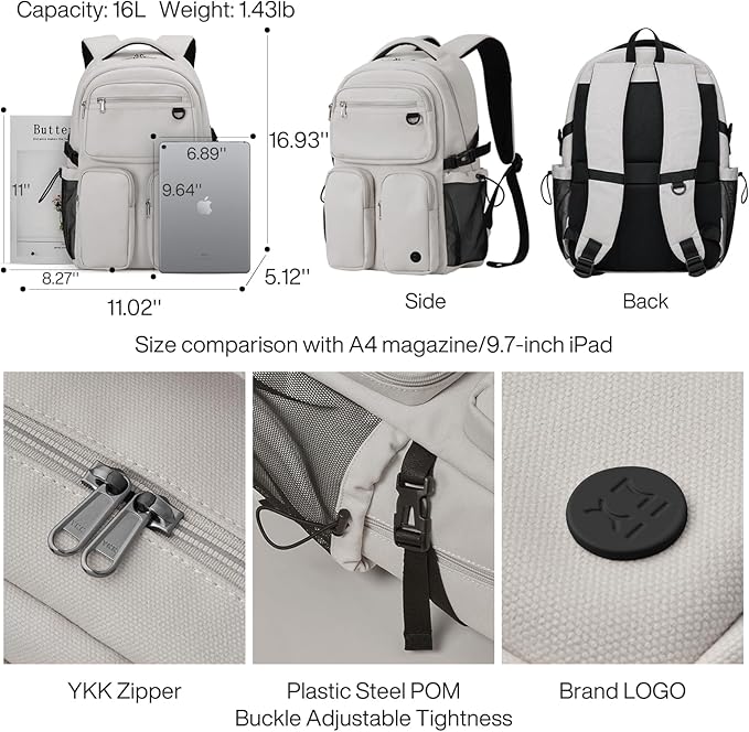 mixi Travel Laptop Backpack, Lightweight Durable School Bookbag Men Woman 15.6" Computer Bag, Water Resistant Outdoor Hiking Backpacks With Multifunction Pockets, 17 Inch, Beige