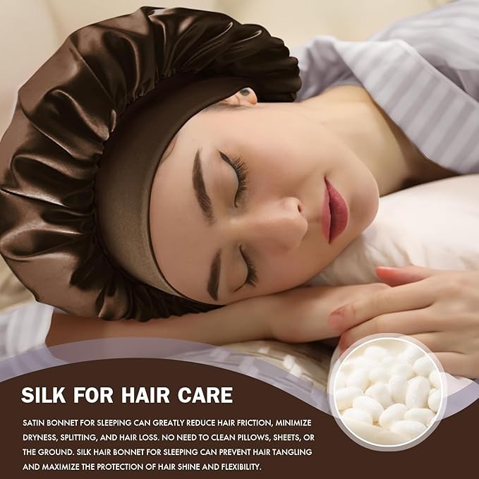 Satin Silk Bonnet for Sleeping, Double Layer Silk Sleep Cap for Men & Women, Soft Satin Lined Bonnet for Natural & Curly Hair(Dark Brown)