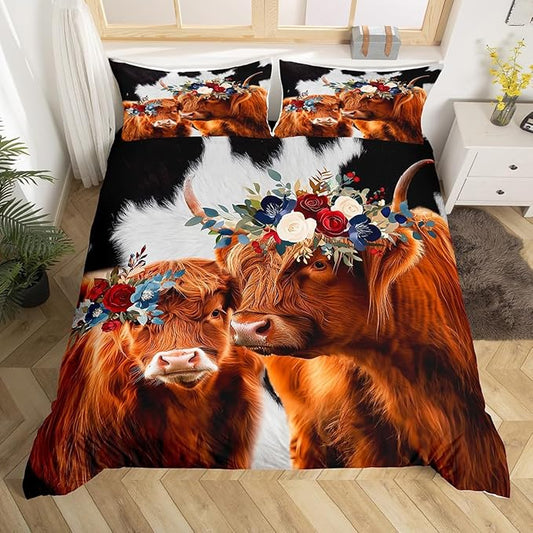 Highland Cow Duvet Cover Set, Rustic Black and White Milk Cow Fur and Chic Skin Print Comforter Cover Room Decor for Kids Boys, Farmhouse Animal Theme Bedding Sets with 1 Pillow Sham, Twin Size