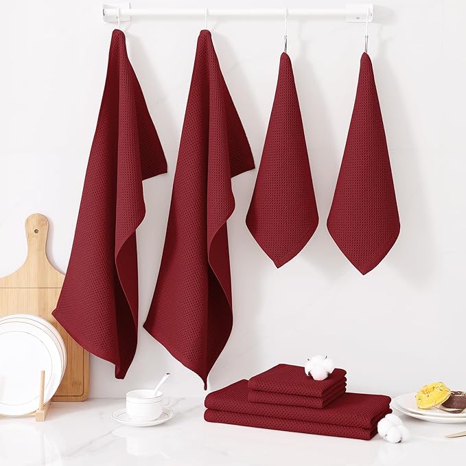 Homaxy 100% Cotton Kitchen Towels and Dishcloths Set, 12 x 12 Inches and 13 x 28 Inches, Set of 10 Bulk Kitchen Towels Set, Ultra Soft Absorbent Dish Cloths for Washing Dishes, Burgundy