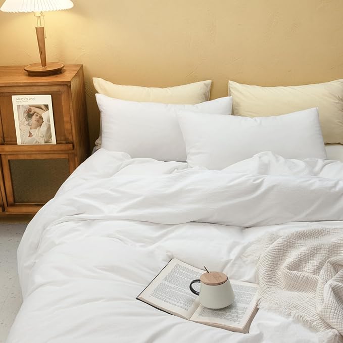 FOSSA White Duvet Cover Set, 100% Washed Cotton Linen Feel Super Soft Breathable Cozy 3 Pieces Bedding Sets Solid Off White King