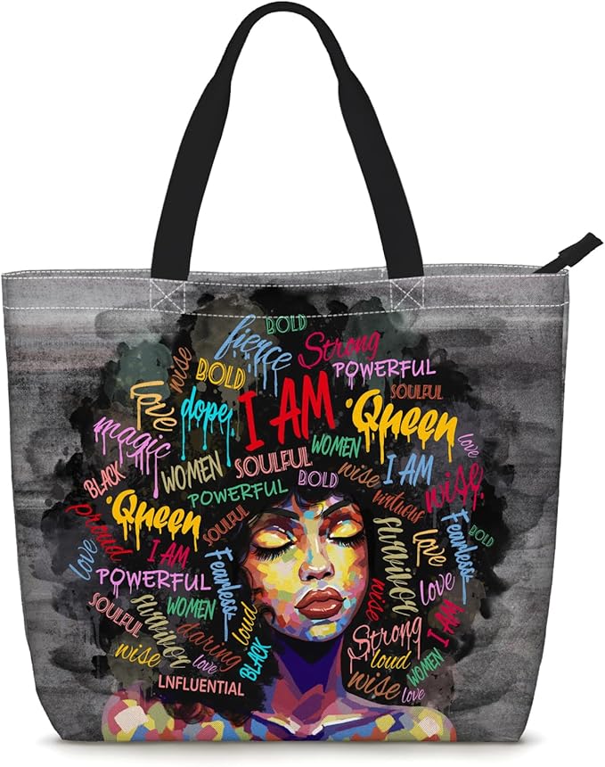 African American Women Tote Bag Black Shoulder Handbag For Women Fit Work Beach Labtops With Zip