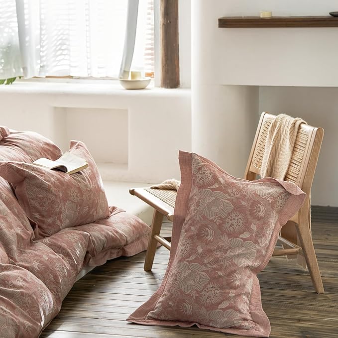 mixinni Duvet Cover King, Premium Cotton Double-Layer Yarn Pink Floral Jacquard Comforter Cover with Edge Design, Farmhouse Bedding Set with 2 Pillowcases Perfect for Him and Her-King Size