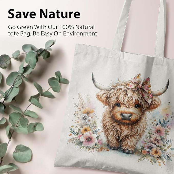 Western Highland Cow Canvas Tote Bag - Highland Cow Lover Gifts,Canvas Shoulder Bag for Women for Girls