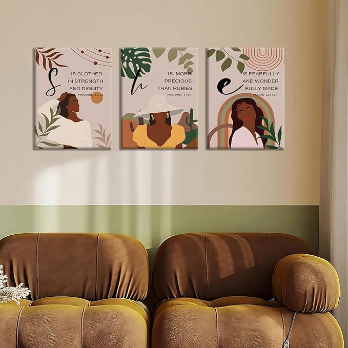 ANVOTIG 3Pcs Black Girl Canvas Wall Art African American Woman Wall Decor Inspirational Boho Culture Signs Western Country Girl Room Posters for Bedroom Livingroom Bathroom Study Framed 12x16in
