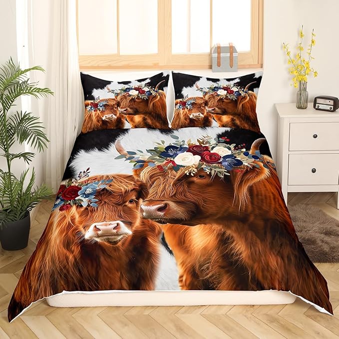 Brown Highland Cattle Bedding Sets King Size, Black and White Milk Cow Fur Hair Skin and Flowers Duvet Cover with 2 Pillowcases, Natural Farmhouse Animal Comforter Cover for Adult Couple Present