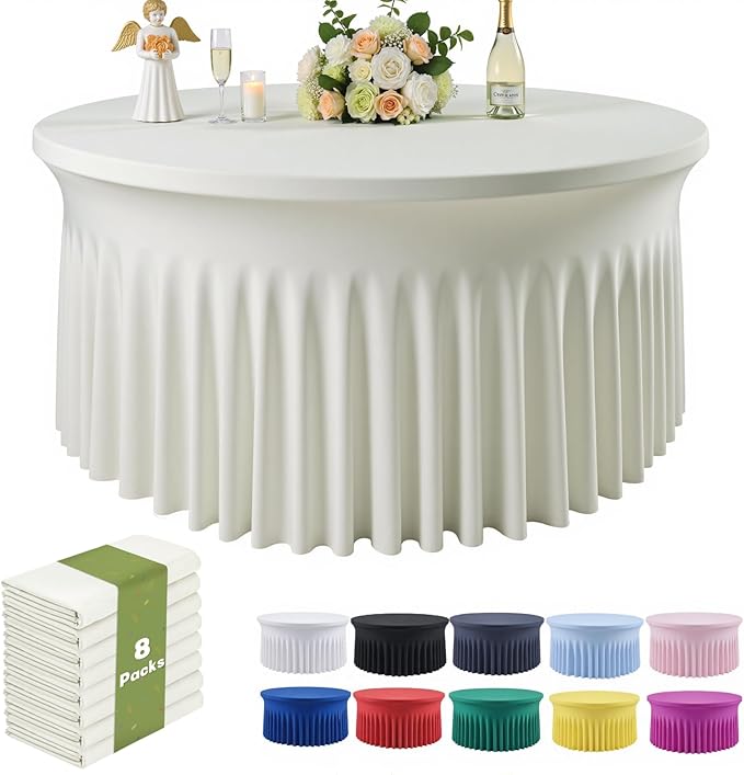 Outpain 8 Pack Ivory 72inch Spandex Round Tablecloths, Stretchy 132inch Fitted 6FT Round Table Cloths, Wrinkle Free Table Cover with Skirt for Wedding Party Dining Banquet