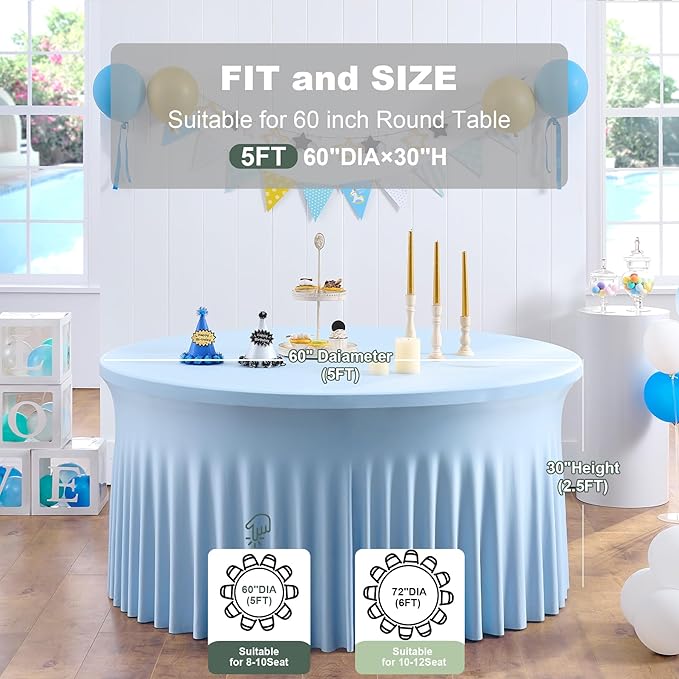 Outpain 6 Pack Spandex Baby Blue Round Tablecloths for 60in Tables, 120Inch Stretchy Fitted 5FT Round Table Clothes,Wrinkle Free Table Cover with Skirt for Wedding Party Dining Banquet