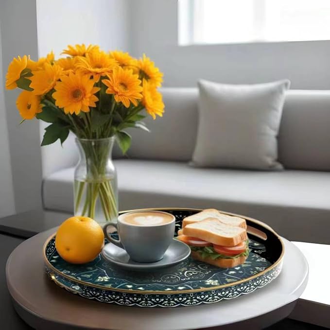 Round Serving Tray with Handles - Large Round Ottoman Tray Coffee Table Tray,Plastic Decorative Trays for Coffee Table,Boho Ottoman Trays for Living Room