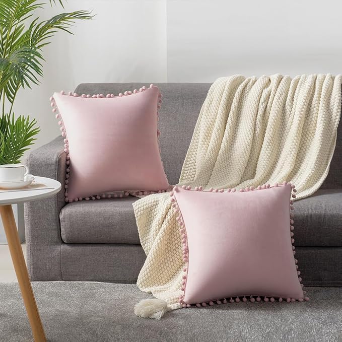 DEZENE 22x22 Throw Pillow Covers Pink: 2 Pack Cozy Soft Pom-poms Velvet Square Decorative Pillow Cases for Farmhouse Home Decor