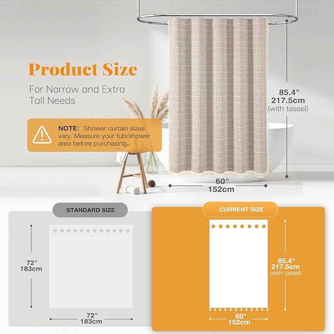 BTTN Stall Shower Curtain - 60x84 Long Boho Farmhouse Linen Weighted Fabric Cloth Shower Curtain Set with 10 Plastic Hooks, Narrow Bohemian Country Decorative Shower Curtains for Bathroom - Taupe/Tan