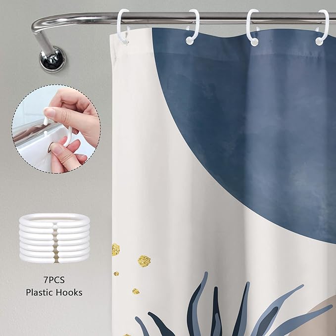 Small Stall Boho Shower Curtain 36Wx72H RV Blue Modern Mid Century Abstract Leaves Plant Minimalist Geometric Bathroom Decor Half Narrow Standing Bath Curtain Fabric Polyester 7 Pack Hook