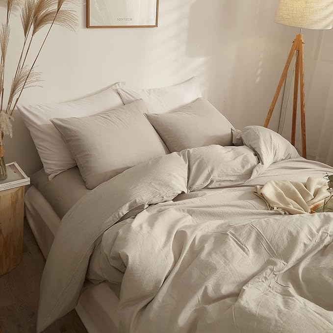 AMWAN Modern Soft Beige Duvet Cover Twin Washed Cotton Boho 3 Piece Simple Style Bedding Set 1 Cotton Comforter Cover with 2 Pillow Shams, No Comforter